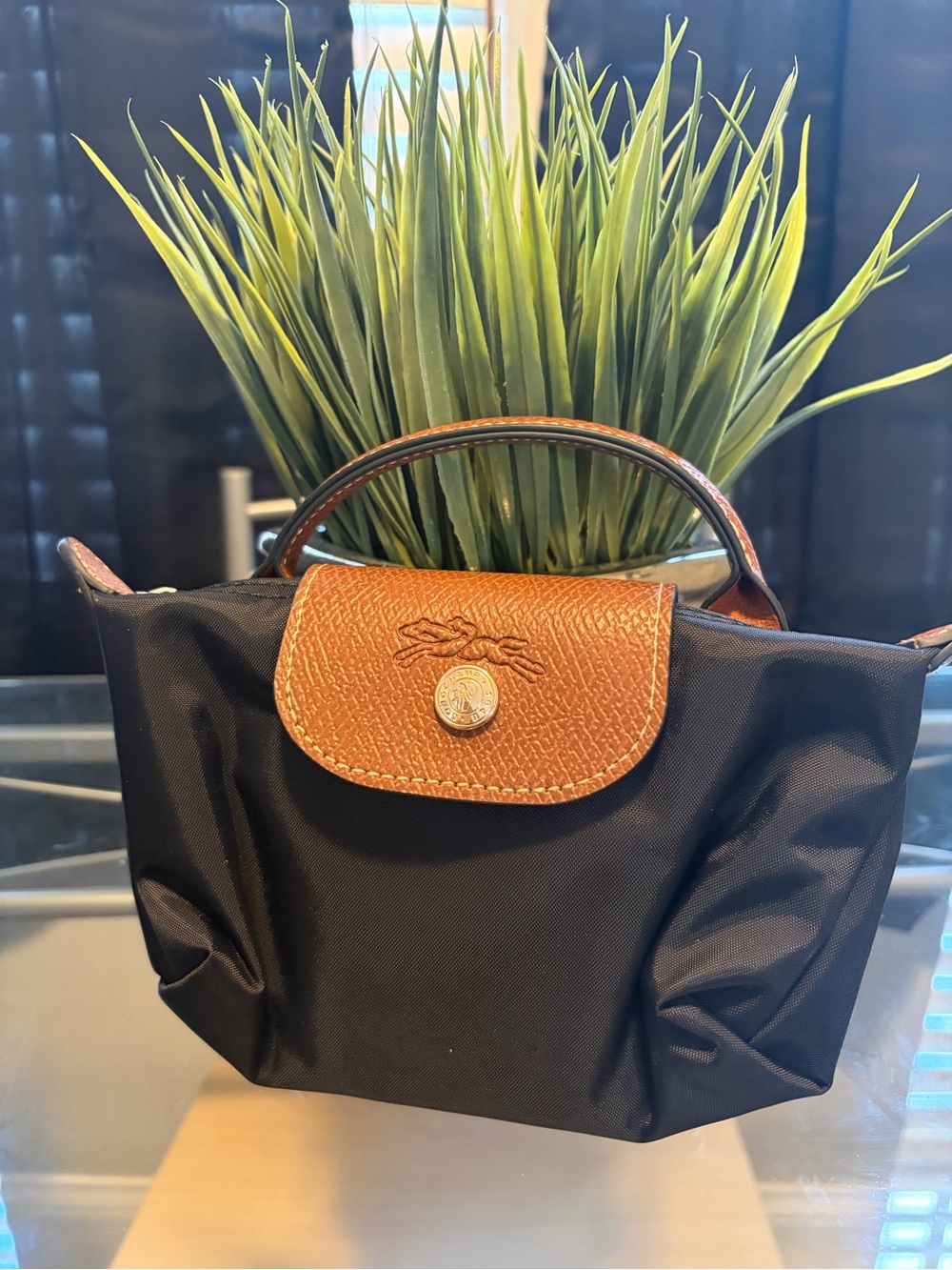Source Unknown Black Mini Top-Handle Bag with Brown Flap